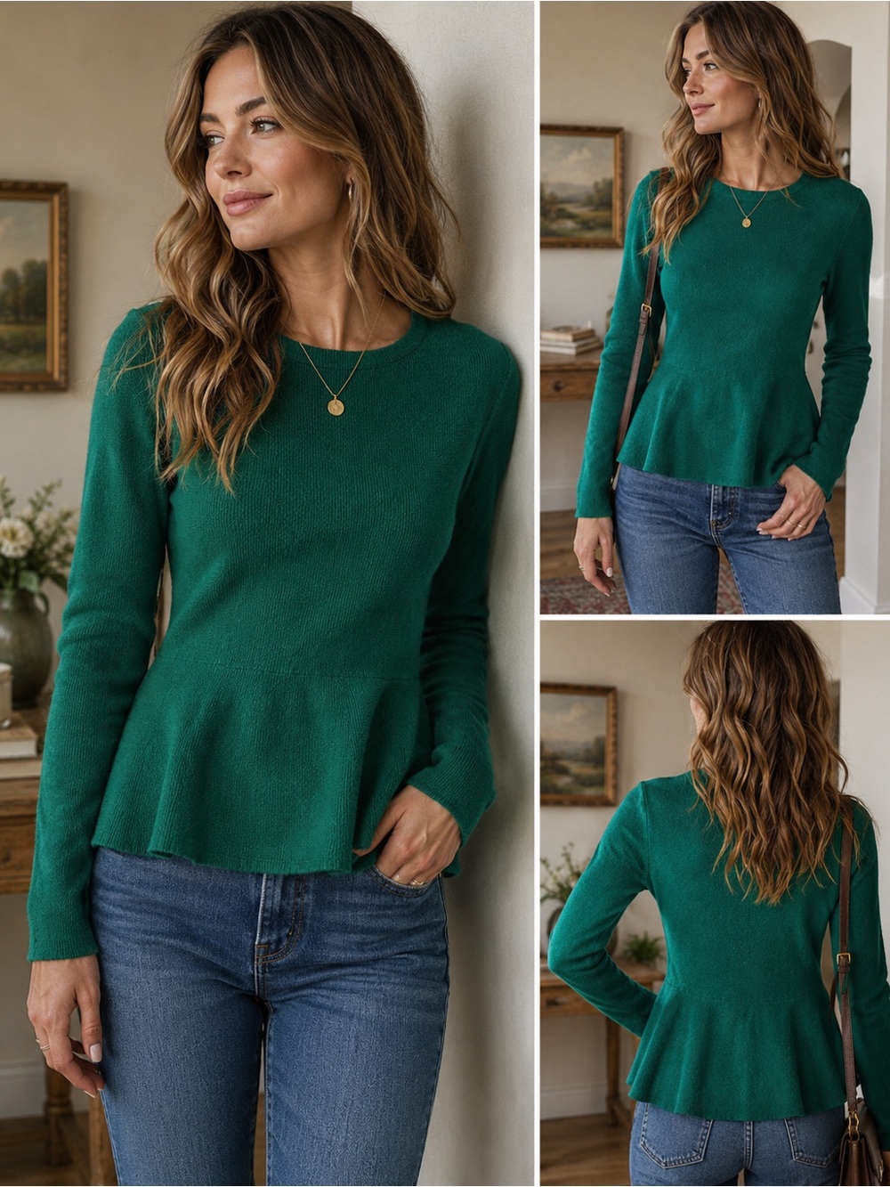 ANTONIO MELANI 100% Cashmere Emerald Green Peplum Long-Sleeve Top #720CL